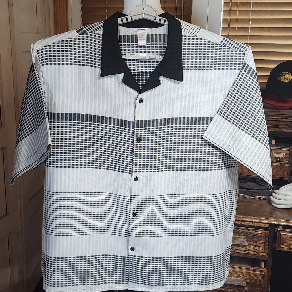 Mason Signature Short Sleeve Shirt In Black And White Stripe Plaid Mens 5XL